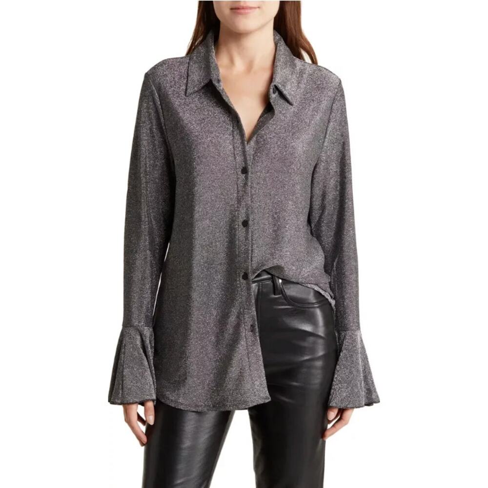 WAYF Metallic Button Up Shirt Long Flare Sleeves Silver Grey Retro Shimmery Sz M